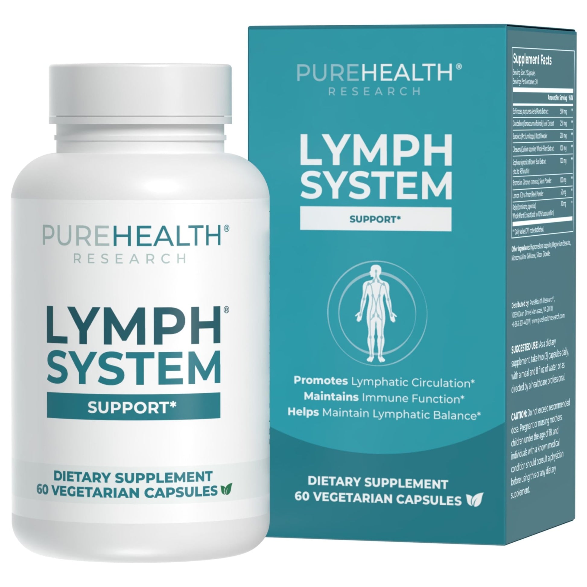 PUREHEALTH RESEARCH Lymph System Support - Lymphatic Drainage Supplement for Women & Men - Bromelain, Echinacea, Dandelion, Burdock Root, Lemon Powder, Kelp, Cleavers & More - 60 Capsules - dailyvitalstore