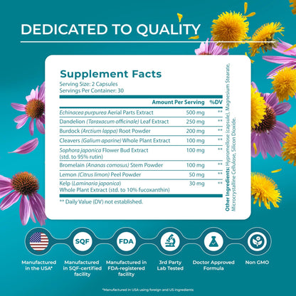 PUREHEALTH RESEARCH Lymph System Support - Lymphatic Drainage Supplement for Women & Men - Bromelain, Echinacea, Dandelion, Burdock Root, Lemon Powder, Kelp, Cleavers & More - 60 Capsules - dailyvitalstore