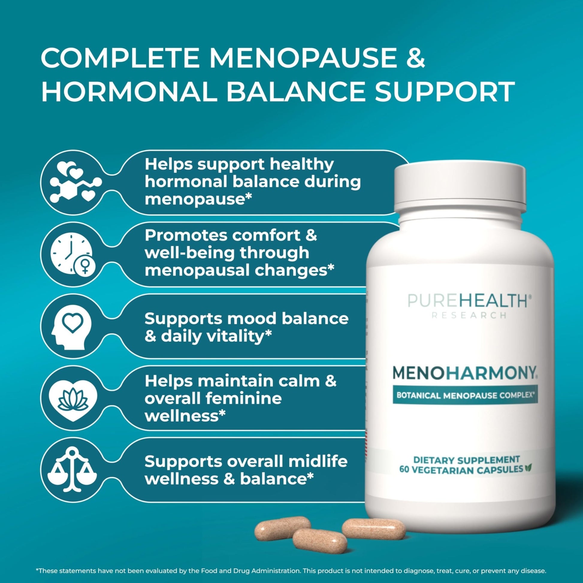 PUREHEALTH Research MenoHarmony - Herbal Menopause Supplement for Women - Female Hormone Balance for Hot Flashes & Night Sweats - with Passion Flower, Red Clover, Hops, Sage & More - 60 Capsules - dailyvitalstore