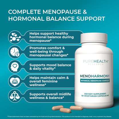 PUREHEALTH Research MenoHarmony - Herbal Menopause Supplement for Women - Female Hormone Balance for Hot Flashes & Night Sweats - with Passion Flower, Red Clover, Hops, Sage & More - 60 Capsules - dailyvitalstore