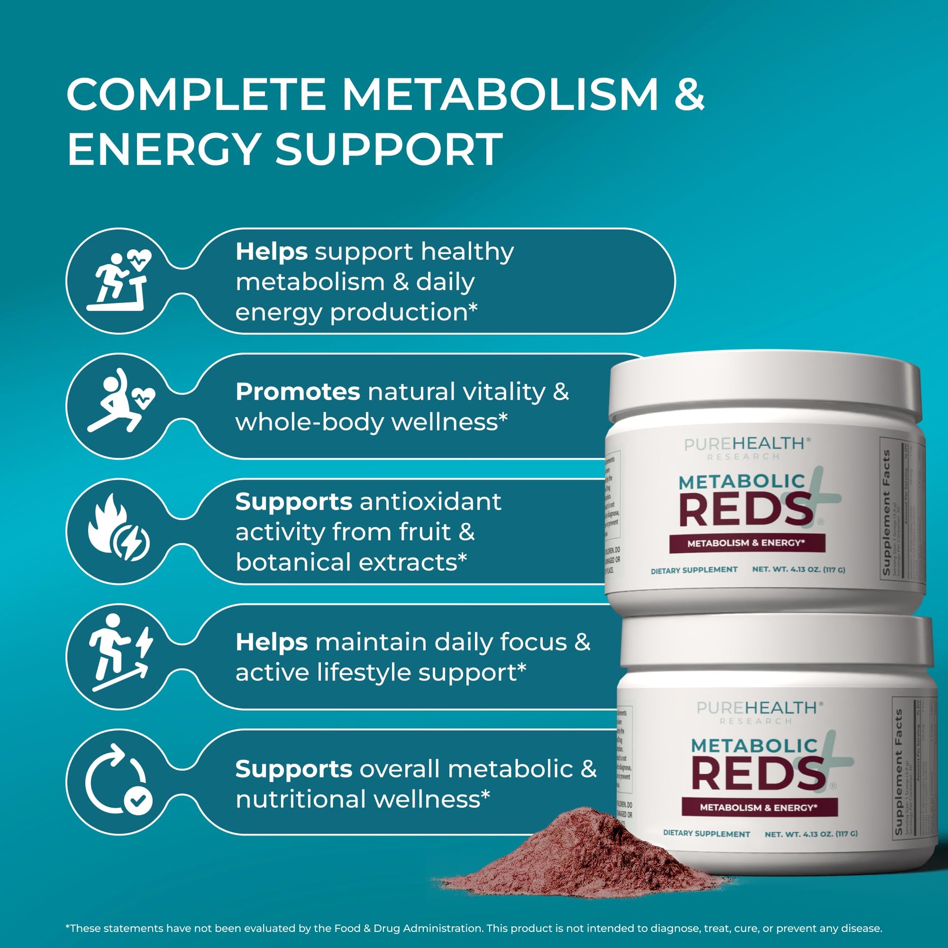 PUREHEALTH RESEARCH Metabolic Reds - Organic Superfood Powder Supplement - Fruit, Veggie, Adaptogenic, Probiotic Blends & More - for Metabolism & Energy Support - 4.13 Oz. - 30 Servings - dailyvitalstore