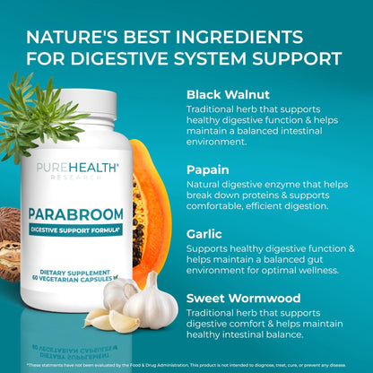 PUREHEALTH RESEARCH Parabroom - Gut Cleanse & Health Supplement - with Black Walnut, Sweet Wormwood Powder, Turmeric Extract, Olive Leaf, Garlic & Onion - dailyvitalstore