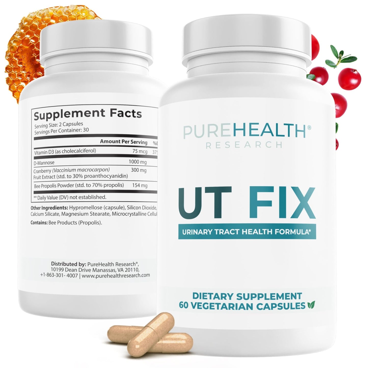PUREHEALTH RESEARCH UT Fix - Urinary Tract Health Formula - Urinary Tract Support for Women & Men - Cranberry Supplement with D Mannose 1000mg, Vitamin D3 & Bee Propolis - 60 Capsules - dailyvitalstore
