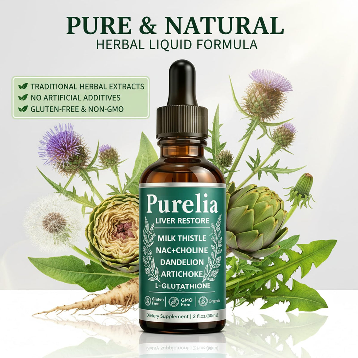 Purelia Liver Restore, 2.02FL OZ Liver Restore Drops, Complete Liver Support Supplement with Milk Thistle, Dandelion Root, L-Glutathione & Choline for Natural Balance & Liver Cleanse - dailyvitalstore