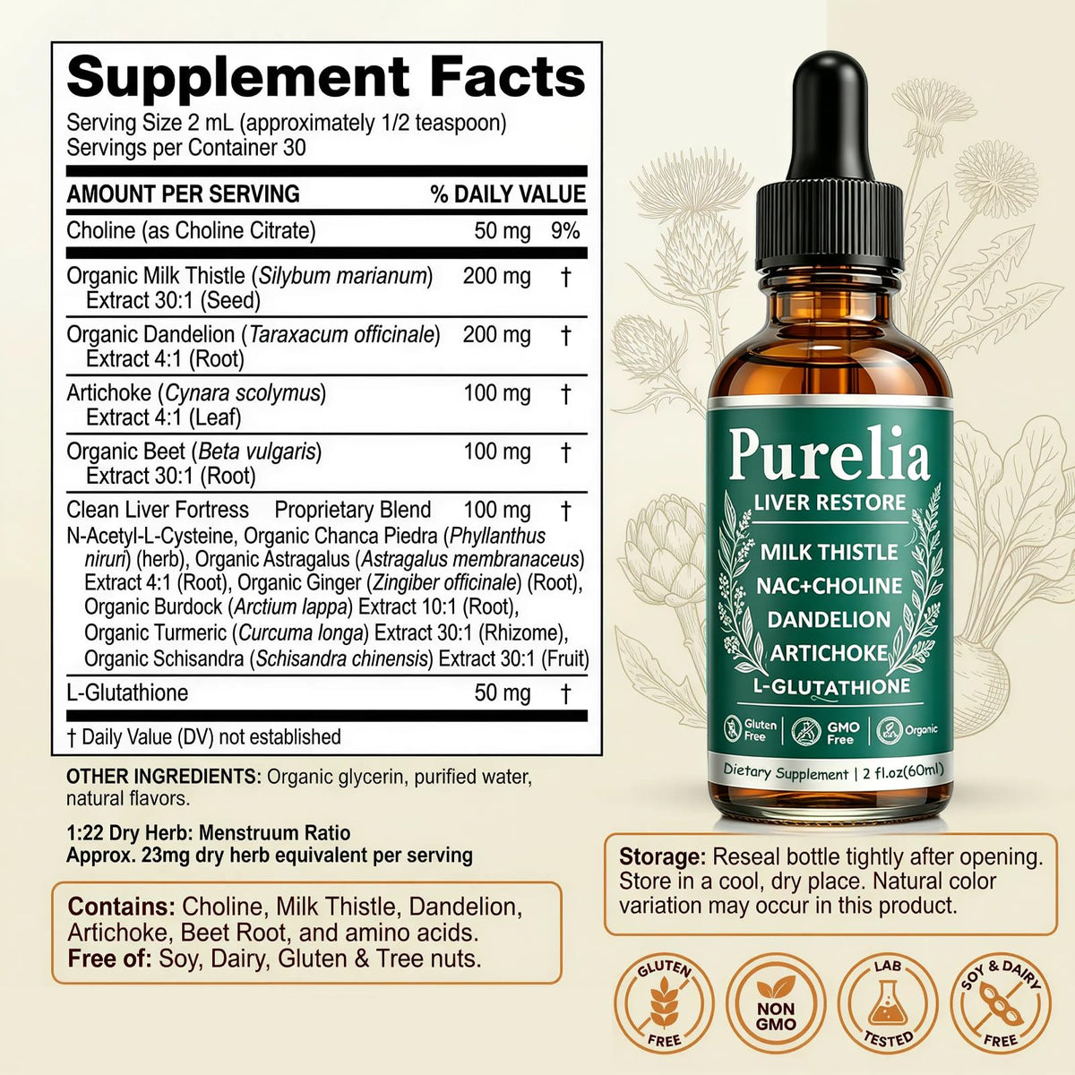 Purelia Liver Restore, 2.02FL OZ Liver Restore Drops, Complete Liver Support Supplement with Milk Thistle, Dandelion Root, L-Glutathione & Choline for Natural Balance & Liver Cleanse - dailyvitalstore