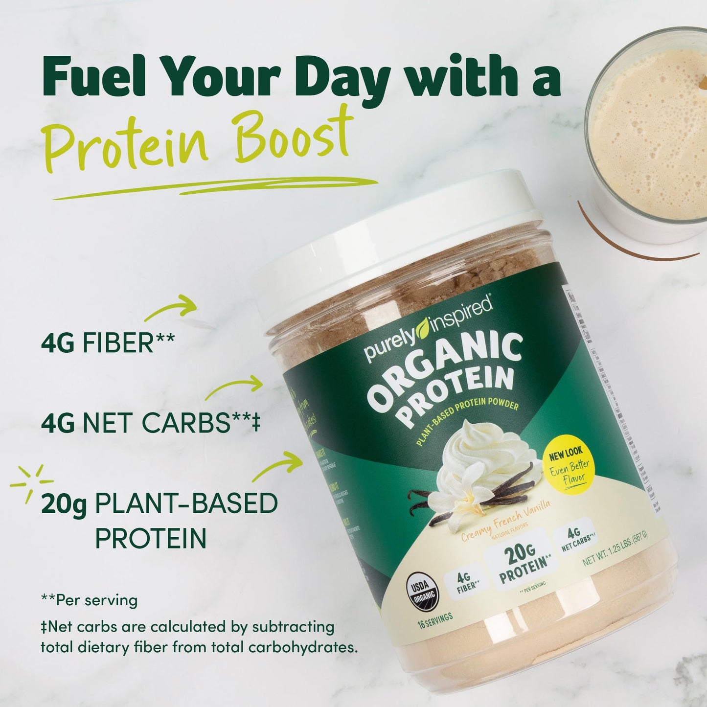 Purely Inspired Plant-Based Protein Powder for Men & Women, Creamy French Vanilla (16 Servings) - Vegan & Organic - 20g of Pea Protein Powder for Smoothies & Shakes - Dairy-Free, & Gluten-Free - dailyvitalstore