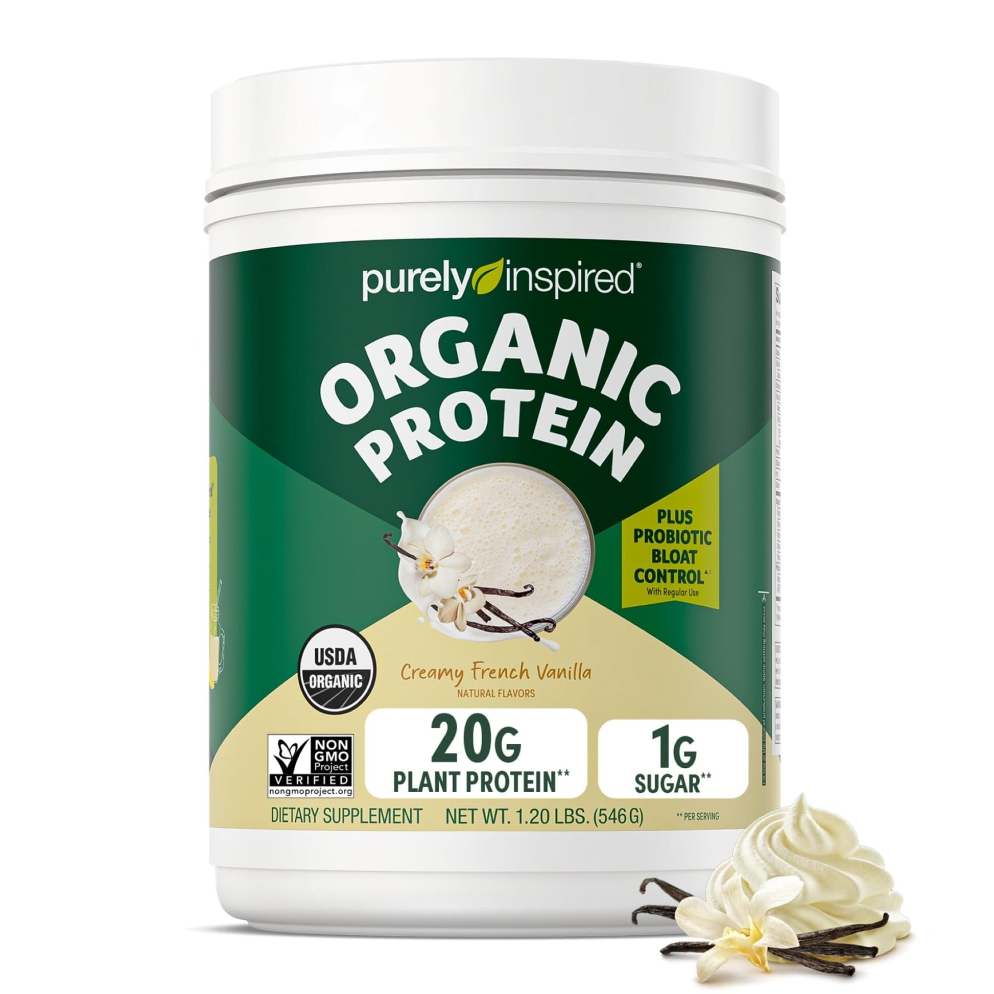 Purely Inspired Plant-Based Protein Powder for Men & Women, Creamy French Vanilla (16 Servings) - Vegan & Organic - 20g of Pea Protein Powder for Smoothies & Shakes - Dairy-Free, & Gluten-Free - dailyvitalstore