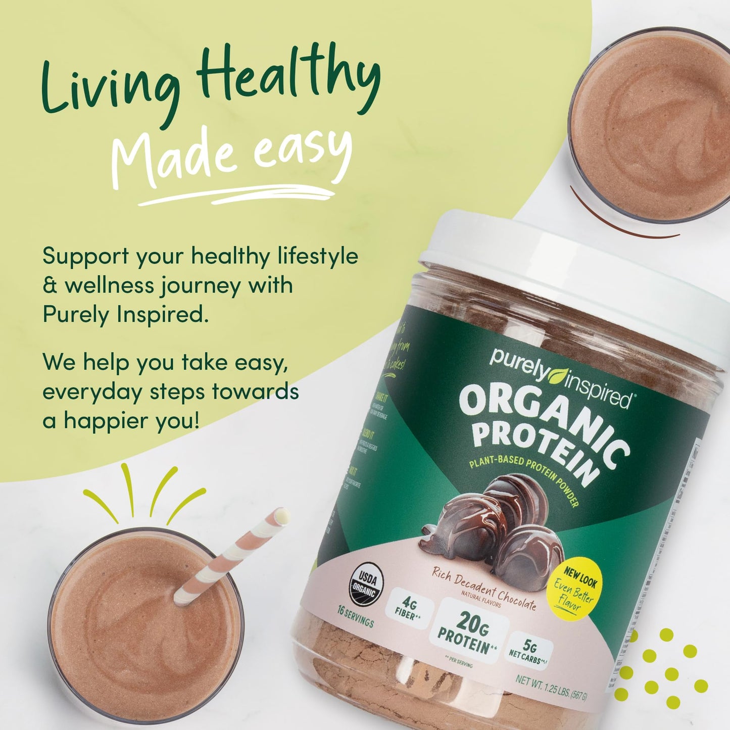 Purely Inspired Plant-Based Protein Powder for Men & Women, Rich Decadent Chocolate (16 Servings) - Vegan & Organic - 20g of Pea Protein Powder for Smoothies & Shakes - dailyvitalstore