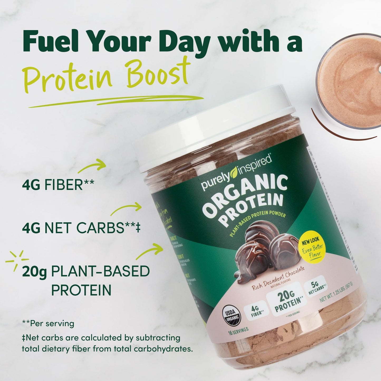 Purely Inspired Plant-Based Protein Powder for Men & Women, Rich Decadent Chocolate (16 Servings) - Vegan & Organic - 20g of Pea Protein Powder for Smoothies & Shakes - dailyvitalstore