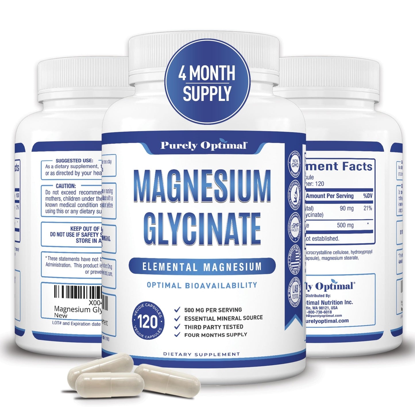 Purely Optimal Magnesium Glycinate 500mg – Sleep Support & Stress Relief – Gentle, High Absorption Magnesium Supplement for Muscle Relaxation, Calm & Nerve Support – 120 Capsules - dailyvitalstore