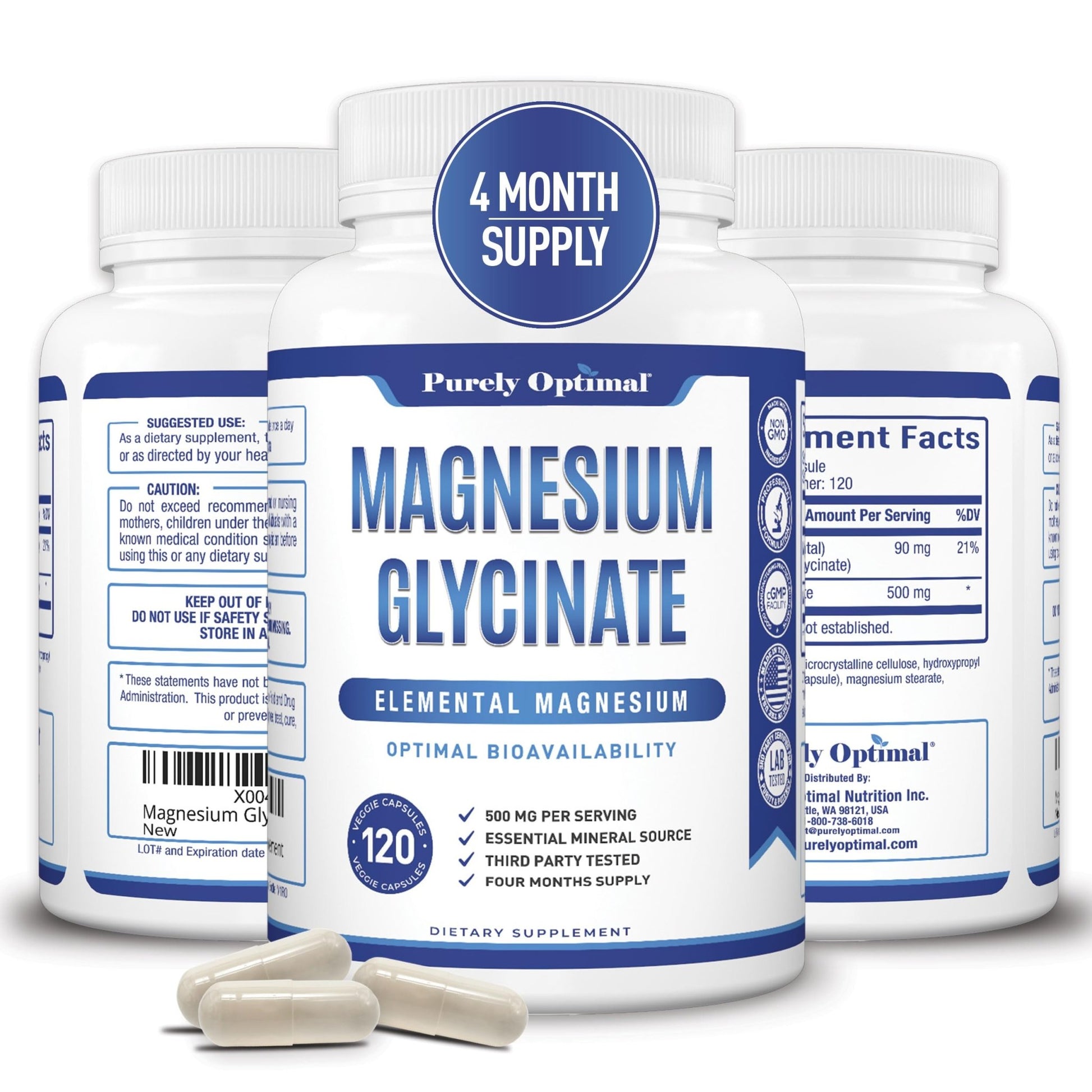 Purely Optimal Magnesium Glycinate 500mg – Sleep Support & Stress Relief – Gentle, High Absorption Magnesium Supplement for Muscle Relaxation, Calm & Nerve Support – 120 Capsules - dailyvitalstore