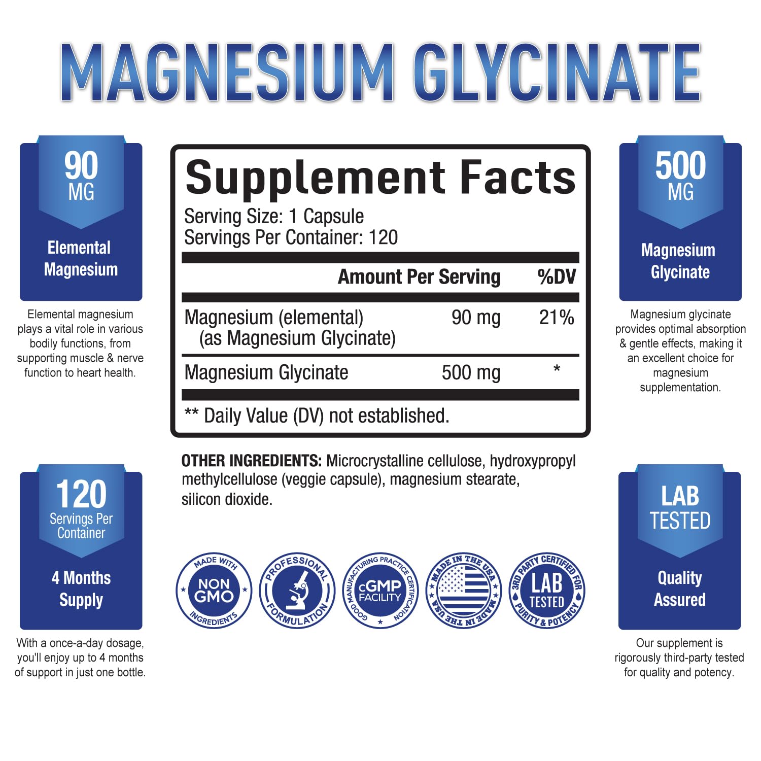 Purely Optimal Magnesium Glycinate 500mg – Sleep Support & Stress Relief – Gentle, High Absorption Magnesium Supplement for Muscle Relaxation, Calm & Nerve Support – 120 Capsules - dailyvitalstore