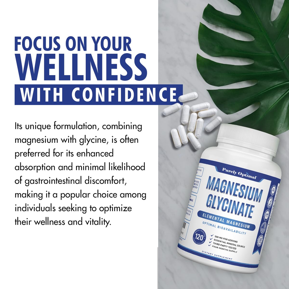 Purely Optimal Magnesium Glycinate 500mg – Sleep Support & Stress Relief – Gentle, High Absorption Magnesium Supplement for Muscle Relaxation, Calm & Nerve Support – 120 Capsules - dailyvitalstore