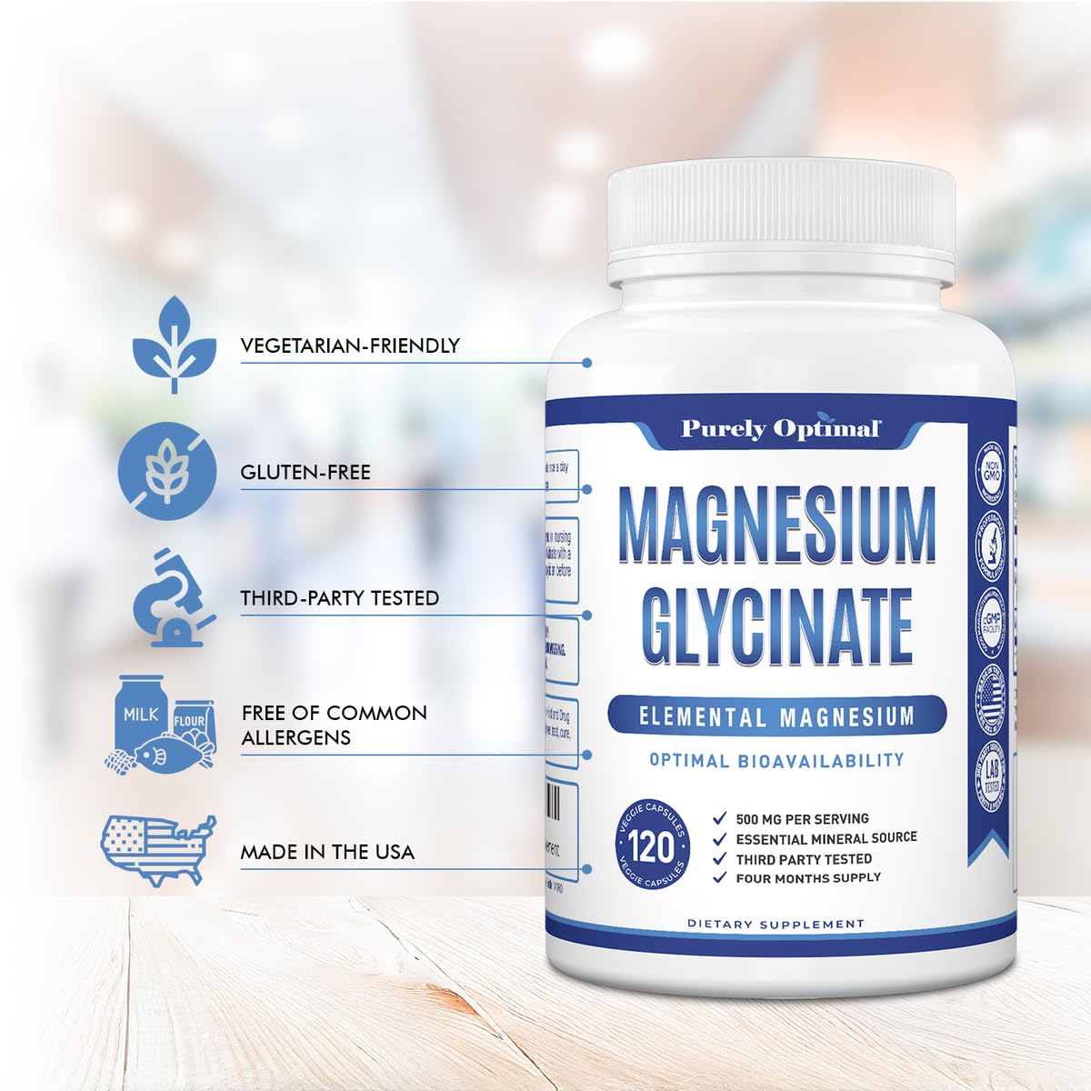 Purely Optimal Magnesium Glycinate 500mg – Sleep Support & Stress Relief – Gentle, High Absorption Magnesium Supplement for Muscle Relaxation, Calm & Nerve Support – 120 Capsules - dailyvitalstore