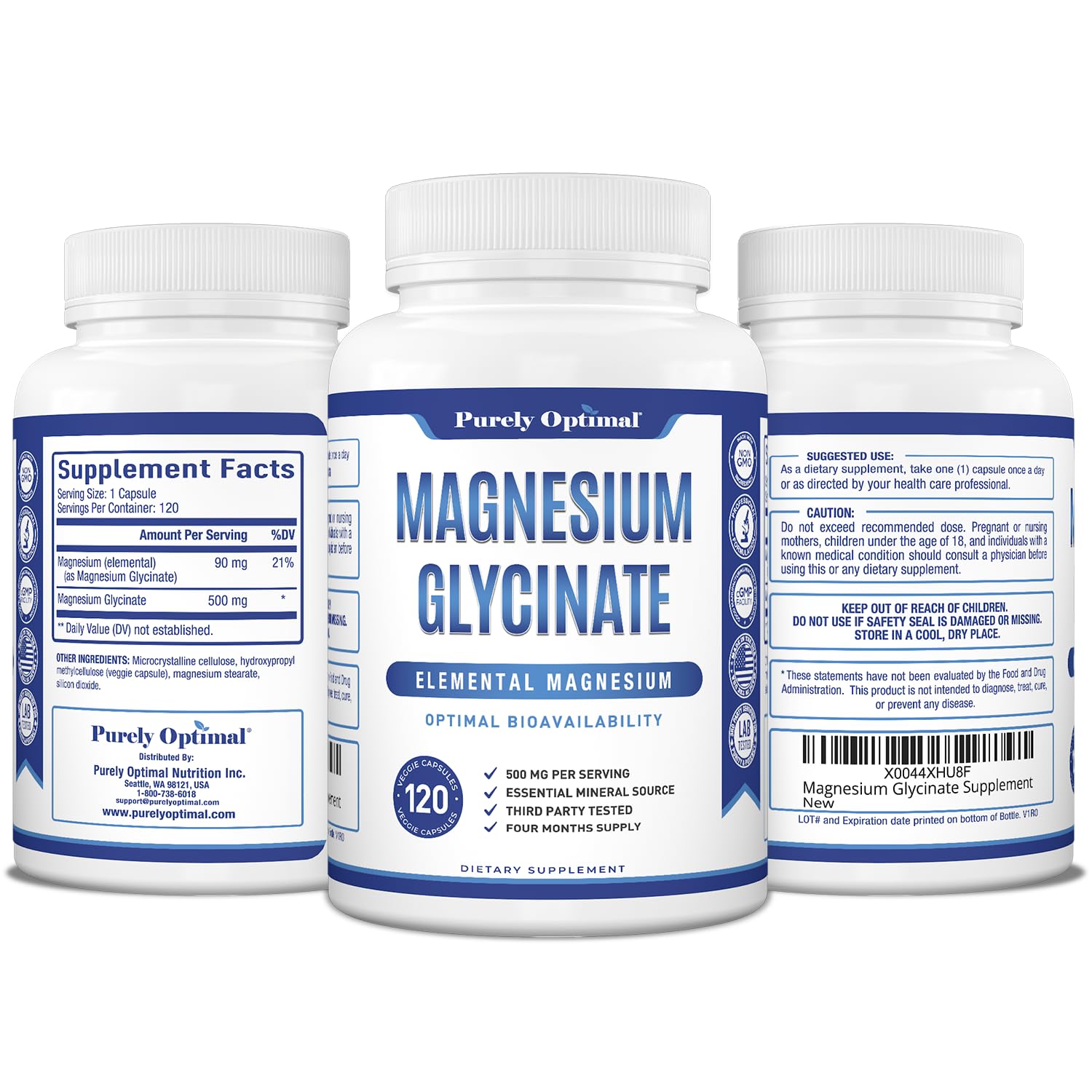 Purely Optimal Magnesium Glycinate 500mg – Sleep Support & Stress Relief – Gentle, High Absorption Magnesium Supplement for Muscle Relaxation, Calm & Nerve Support – 120 Capsules - dailyvitalstore