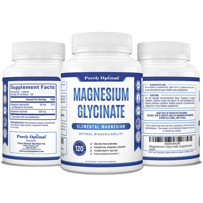 Purely Optimal Magnesium Glycinate 500mg – Sleep Support & Stress Relief – Gentle, High Absorption Magnesium Supplement for Muscle Relaxation, Calm & Nerve Support – 120 Capsules - dailyvitalstore