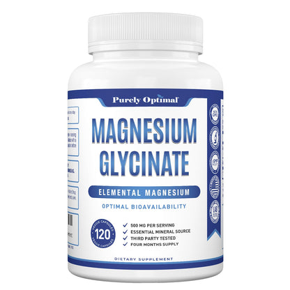 Purely Optimal Magnesium Glycinate 500mg – Sleep Support & Stress Relief – Gentle, High Absorption Magnesium Supplement for Muscle Relaxation, Calm & Nerve Support – 120 Capsules - dailyvitalstore