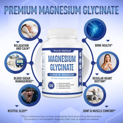 Purely Optimal Magnesium Glycinate 500mg – Sleep Support & Stress Relief – Gentle, High Absorption Magnesium Supplement for Muscle Relaxation, Calm & Nerve Support – 120 Capsules - dailyvitalstore