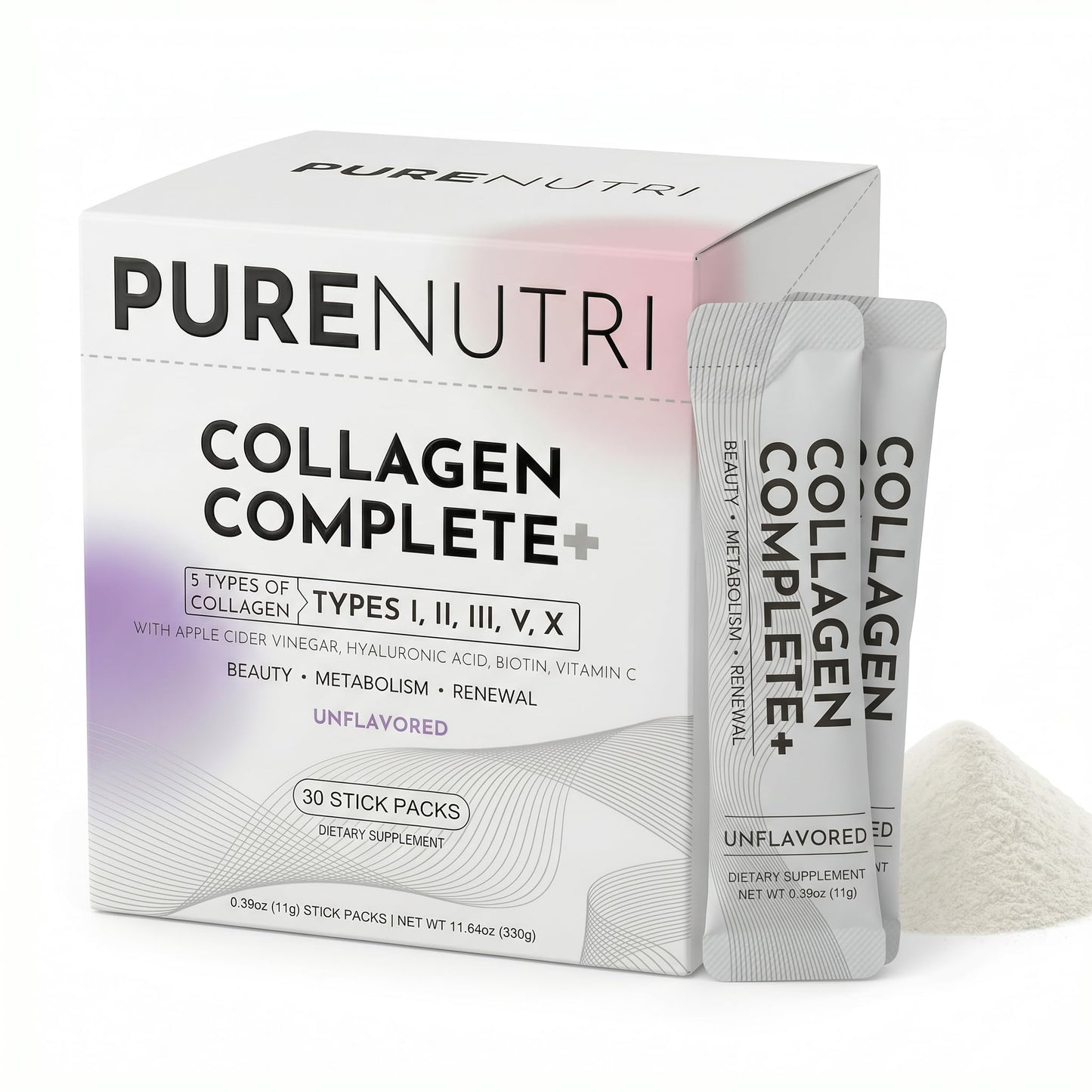 PURENUTRI Multi Collagen Peptides Powder 30 Packets Unflavored - Collagen Complete+ for Women - Beauty & Renewal - with ACV, Hyaluronic Acid - dailyvitalstore