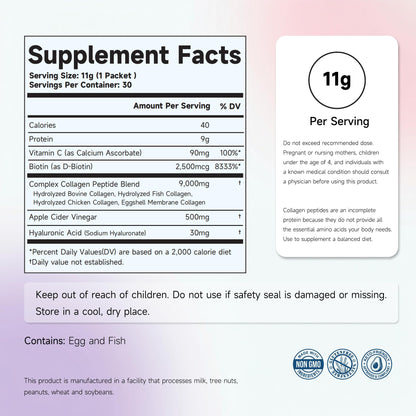 PURENUTRI Multi Collagen Peptides Powder 30 Packets Unflavored - Collagen Complete+ for Women - Beauty & Renewal - with ACV, Hyaluronic Acid - dailyvitalstore