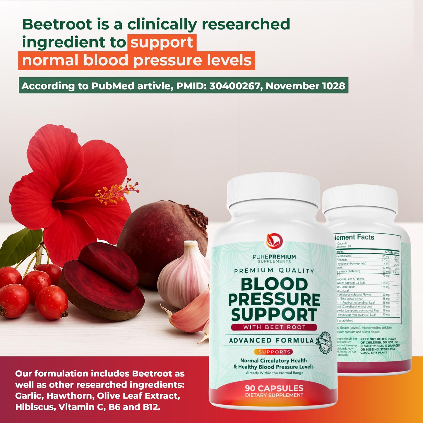 PurePremium Beet Root Capsules for Blood Pressure Support – 14-in-1 Formula with Beetroot Powder, Hawthorn, Hibiscus & Garlic for Normal - dailyvitalstore