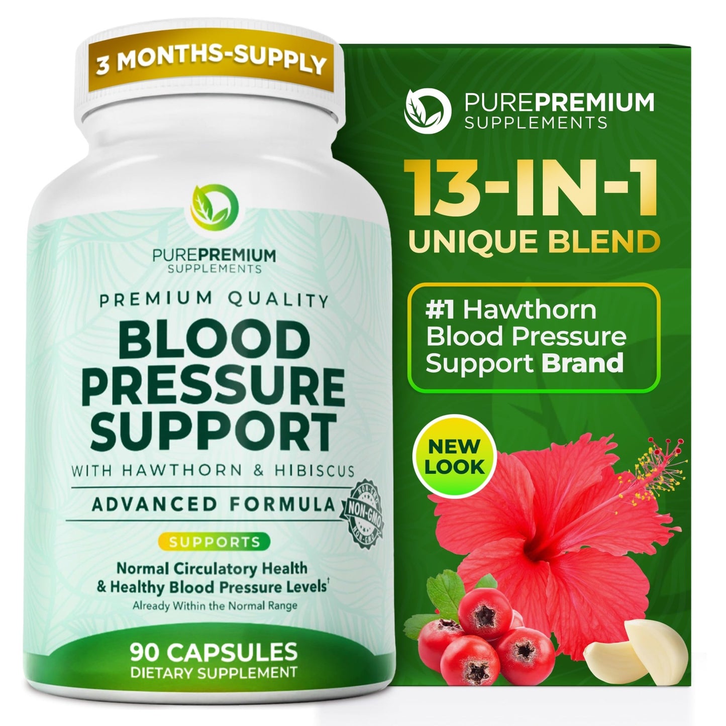 PurePremium Blood Pressure Supplements with Hawthorn Berry, Hibiscus, Garlic & Vitamin B12- Nitric Oxide Supplement for Normal Heart Health - dailyvitalstore