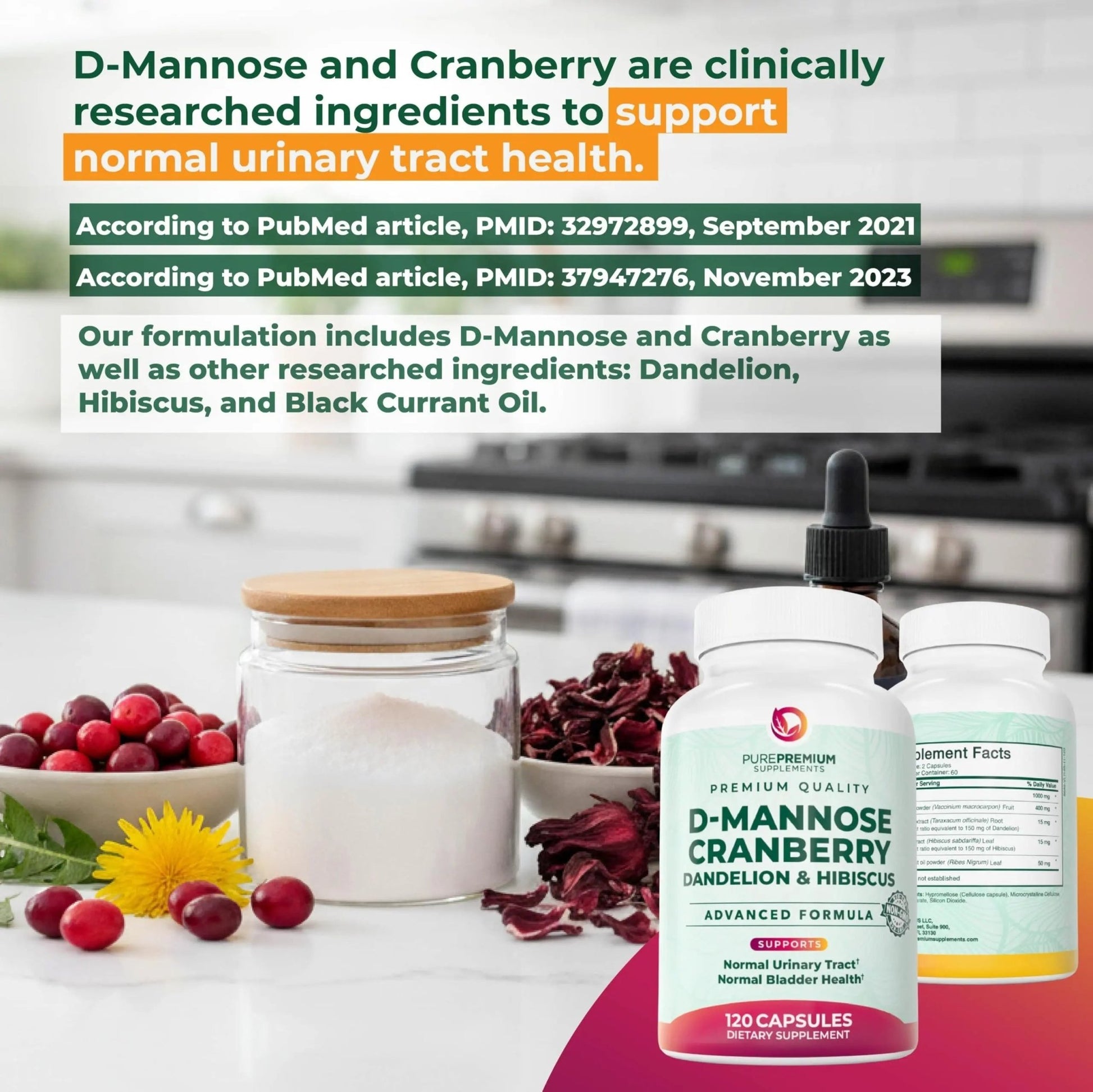 PurePremium D-Mannose with Cranberry, Hibiscus & Dandelion - 1000mg D-Mannose Supplements for Women Supports Urinary Tract Health & Bladder Health - Made in USA, Vegan, 120 Capsules, 2 Month Supply - dailyvitalstore