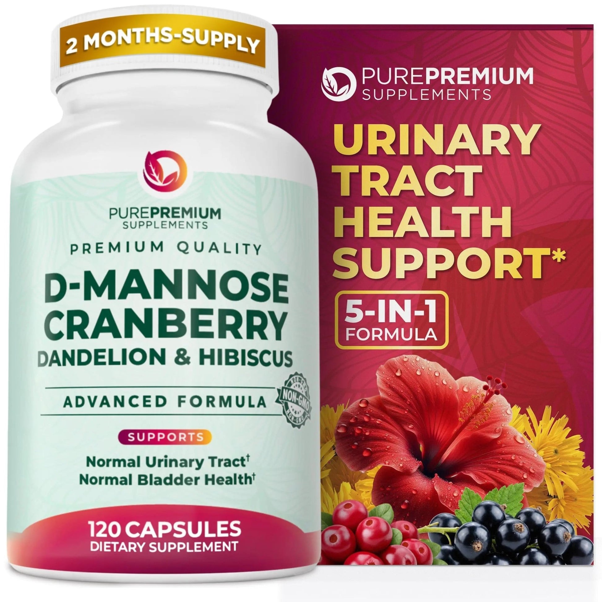 PurePremium D-Mannose with Cranberry, Hibiscus & Dandelion - 1000mg D-Mannose Supplements for Women Supports Urinary Tract Health & Bladder Health - Made in USA, Vegan, 120 Capsules, 2 Month Supply - dailyvitalstore