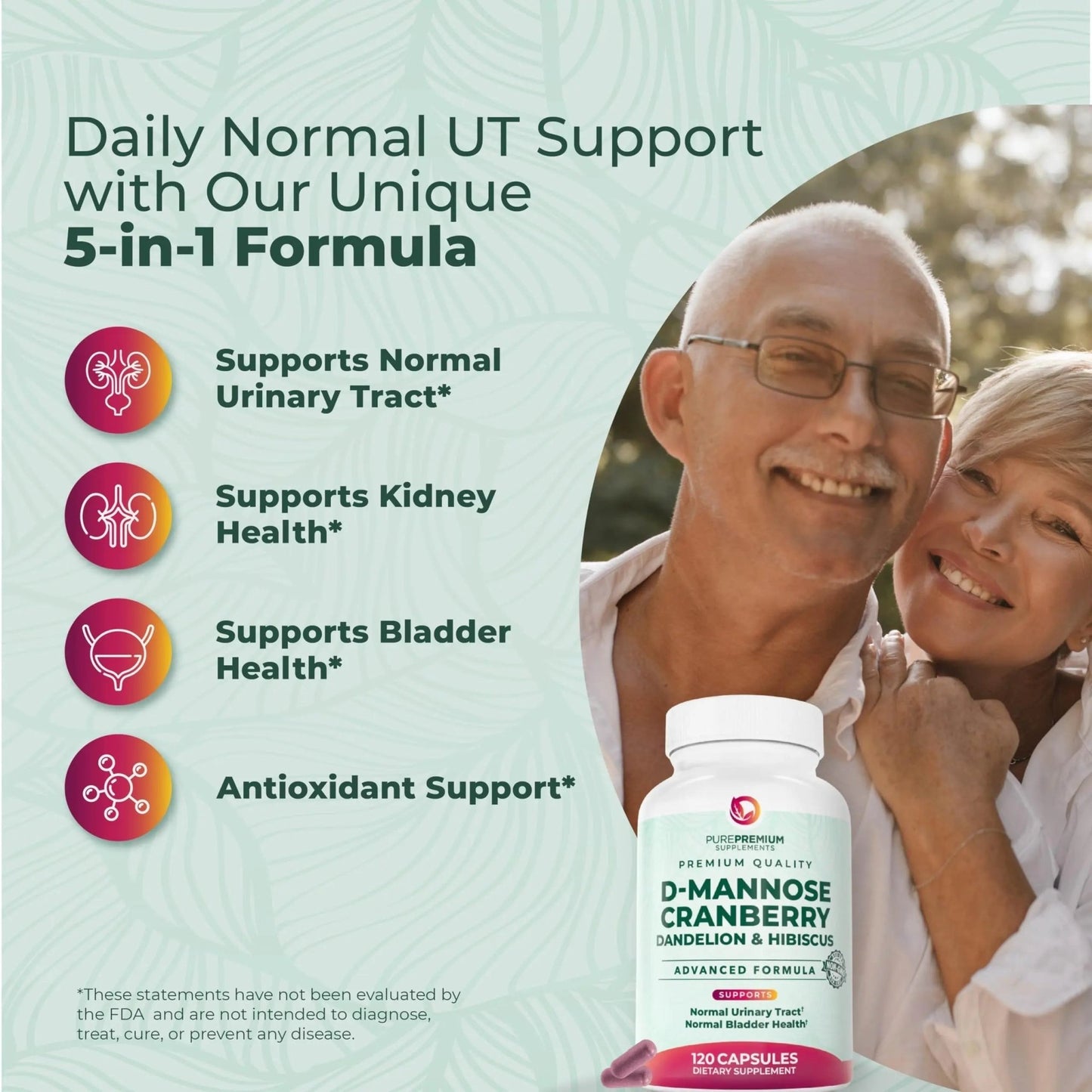 PurePremium D-Mannose with Cranberry, Hibiscus & Dandelion - 1000mg D-Mannose Supplements for Women Supports Urinary Tract Health & Bladder Health - Made in USA, Vegan, 120 Capsules, 2 Month Supply - dailyvitalstore