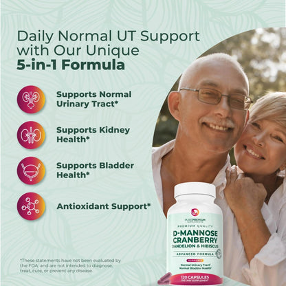 PurePremium D-Mannose with Cranberry, Hibiscus & Dandelion - 1000mg D-Mannose Supplements for Women Supports Urinary Tract Health & Bladder Health - Made in USA, Vegan, 120 Capsules, 2 Month Supply - dailyvitalstore