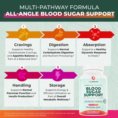 PurePremium Normal Blood Sugar Support Supplement - 20 Active Ingredients Complex to Support Blood Sugar Levels Already in The Normal Range - with Cinnamon - dailyvitalstore
