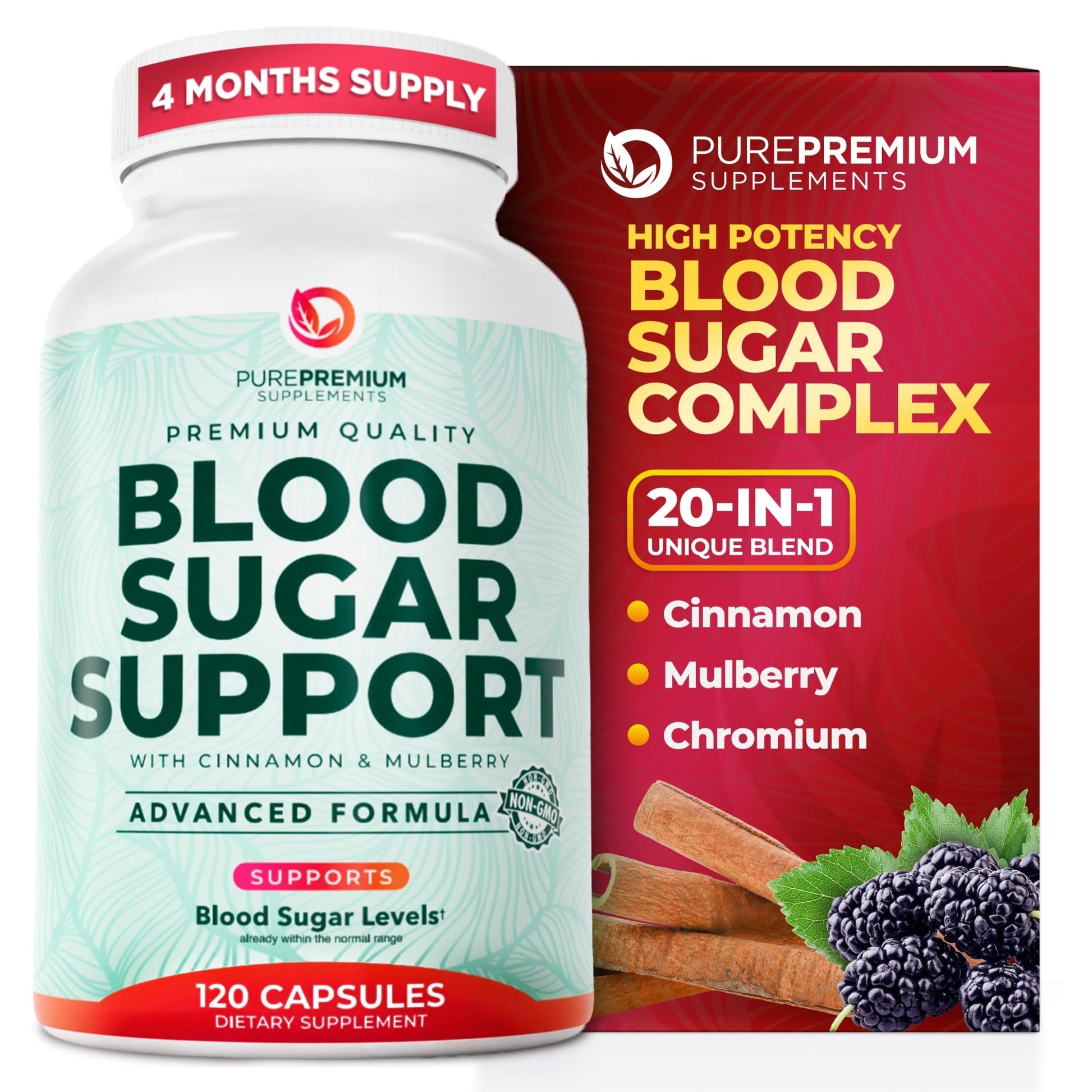 PurePremium Normal Blood Sugar Support Supplement - 20 Active Ingredients Complex to Support Blood Sugar Levels Already in The Normal Range - with Cinnamon - dailyvitalstore