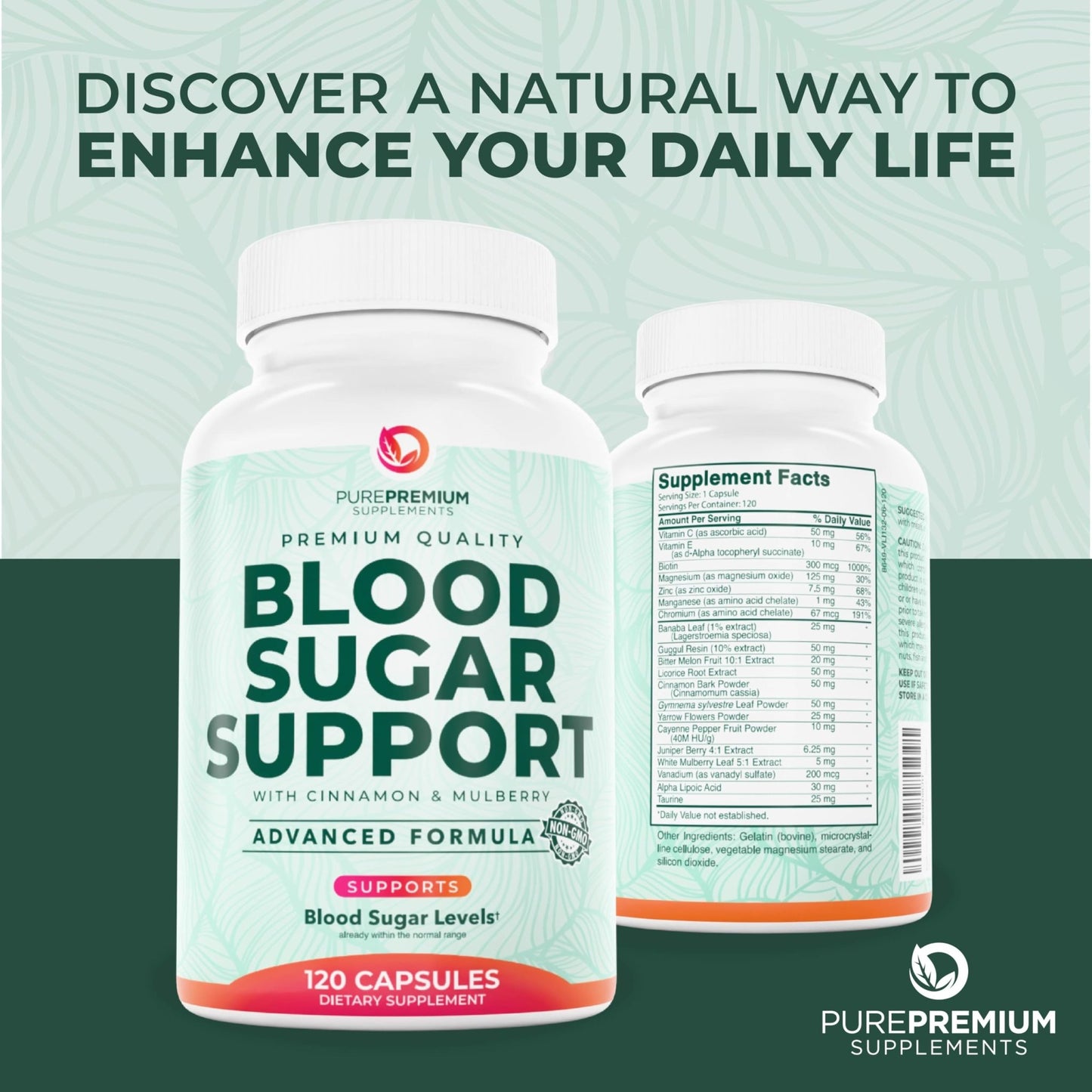 PurePremium Normal Blood Sugar Support Supplement - 20 Active Ingredients Complex to Support Blood Sugar Levels Already in The Normal Range - with Cinnamon - dailyvitalstore