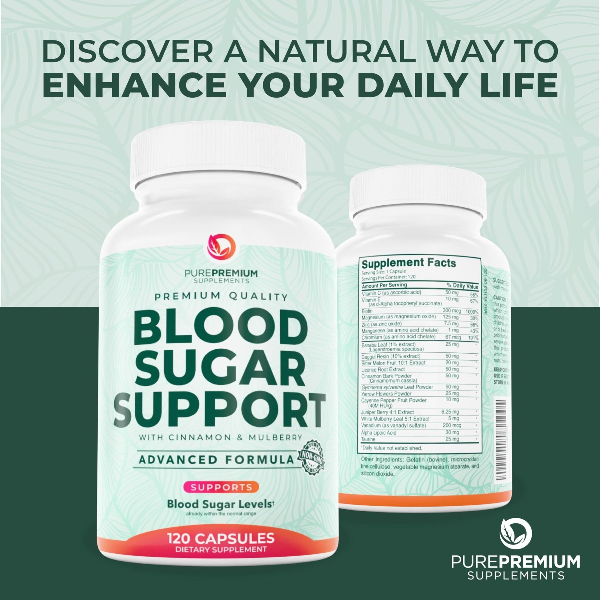 PurePremium Normal Blood Sugar Support Supplement - 20 Active Ingredients Complex to Support Blood Sugar Levels Already in The Normal Range - with Cinnamon - dailyvitalstore