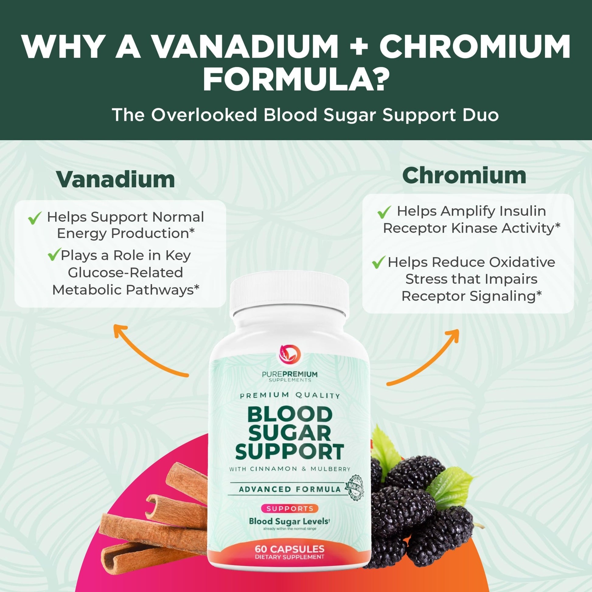 PurePremium Normal Blood Sugar Support Supplement - 20 Active Ingredients Complex to Support Blood Sugar Levels Already in The Normal Range - with Cinnamon - dailyvitalstore