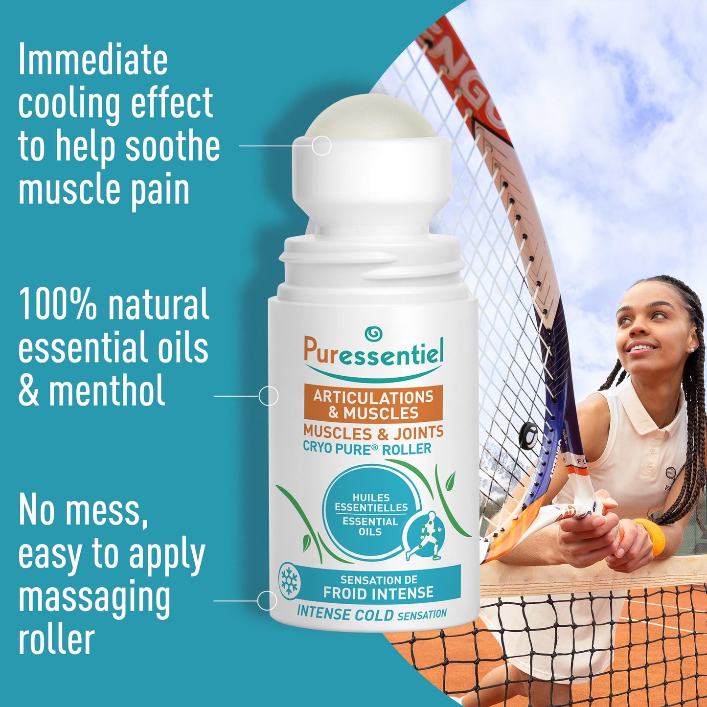 Puressentiel Muscles and Joints Cryo Pure Roller - Natural Menthol and Essential Oils Soothe Muscles - Long Lasting Cooling Sensation - 2.5 oz - dailyvitalstore