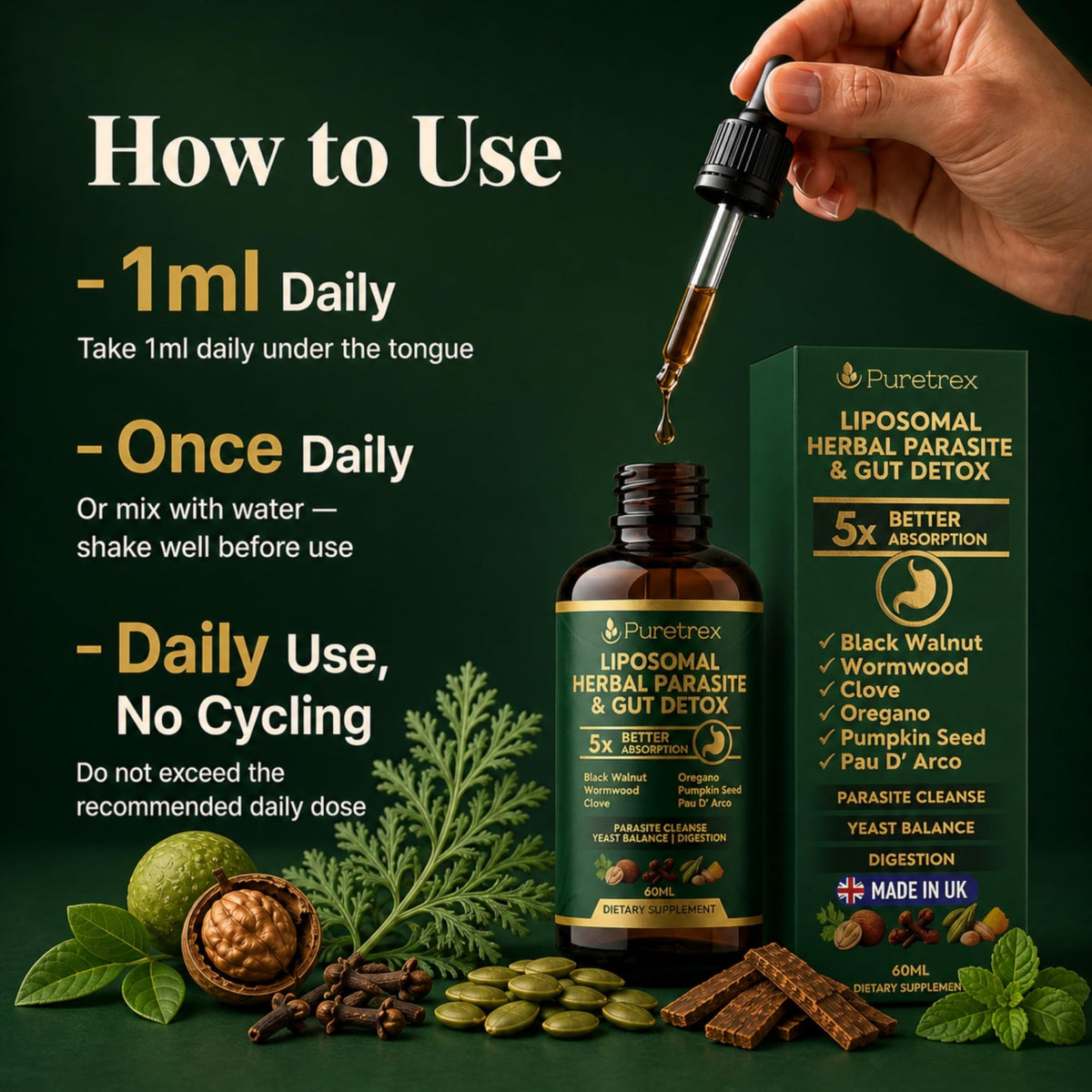 PURETREX Herbal Gut Detox & Cleanse Drops 2 fl oz, Liposomal Dewormer for Humans with Wormwood, Black Walnut, Clove, Pumpkin Seed, PAU D'Arco, Candida - dailyvitalstore