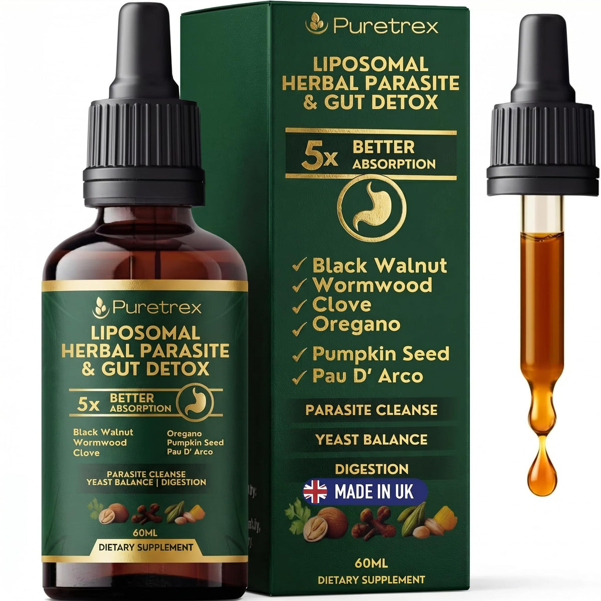 PURETREX Herbal Gut Detox & Cleanse Drops 2 fl oz, Liposomal Dewormer for Humans with Wormwood, Black Walnut, Clove, Pumpkin Seed, PAU D'Arco, Candida - dailyvitalstore