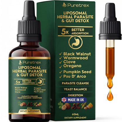 PURETREX Herbal Gut Detox & Cleanse Drops 2 fl oz, Liposomal Dewormer for Humans with Wormwood, Black Walnut, Clove, Pumpkin Seed, PAU D'Arco, Candida - dailyvitalstore