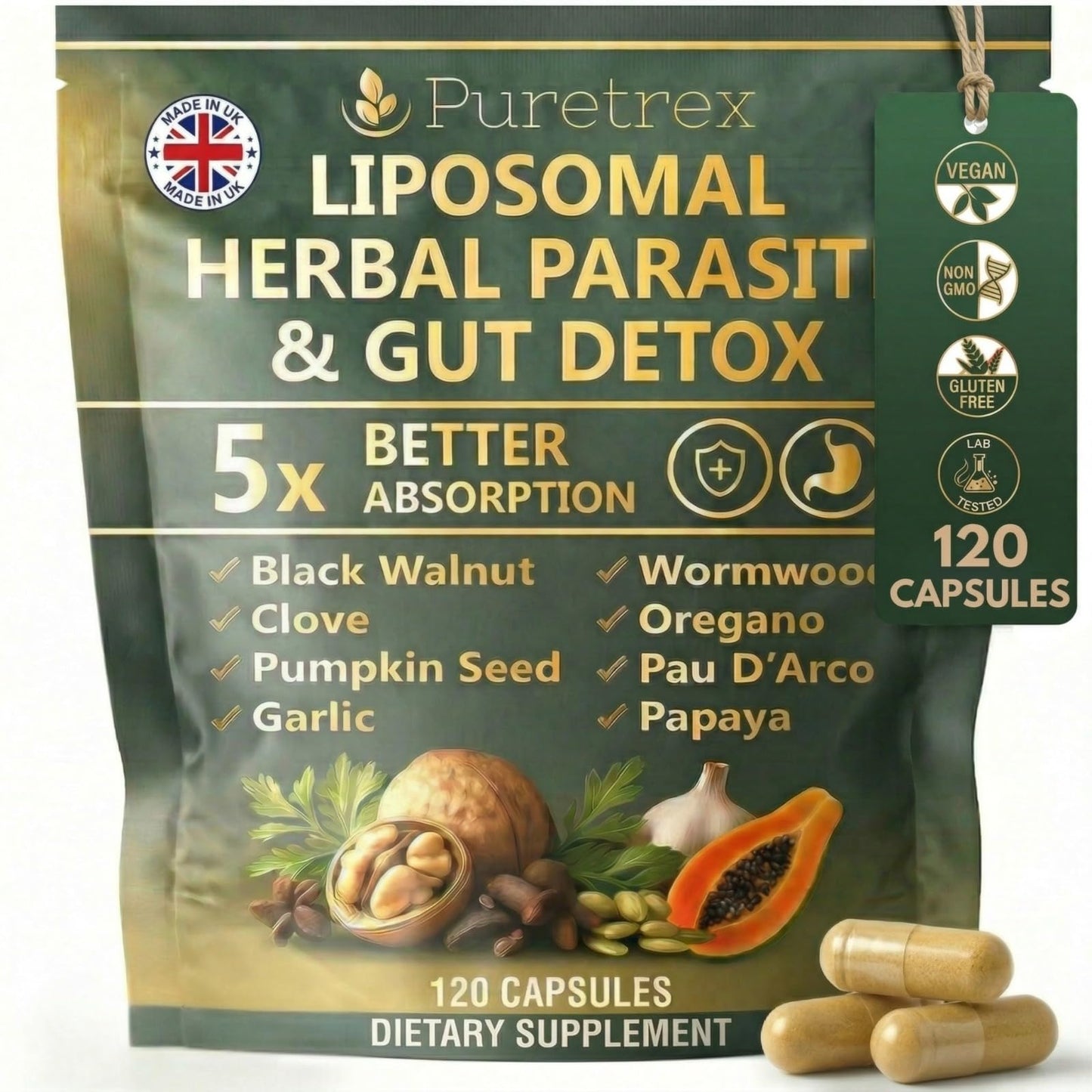 PURETREX Liposomal Herbal Parasite Cleanse for Humans, 9 Herb Wormwood Black Walnut Clove Formula, Gut Detox with Pumpkin Seed Garlic - dailyvitalstore