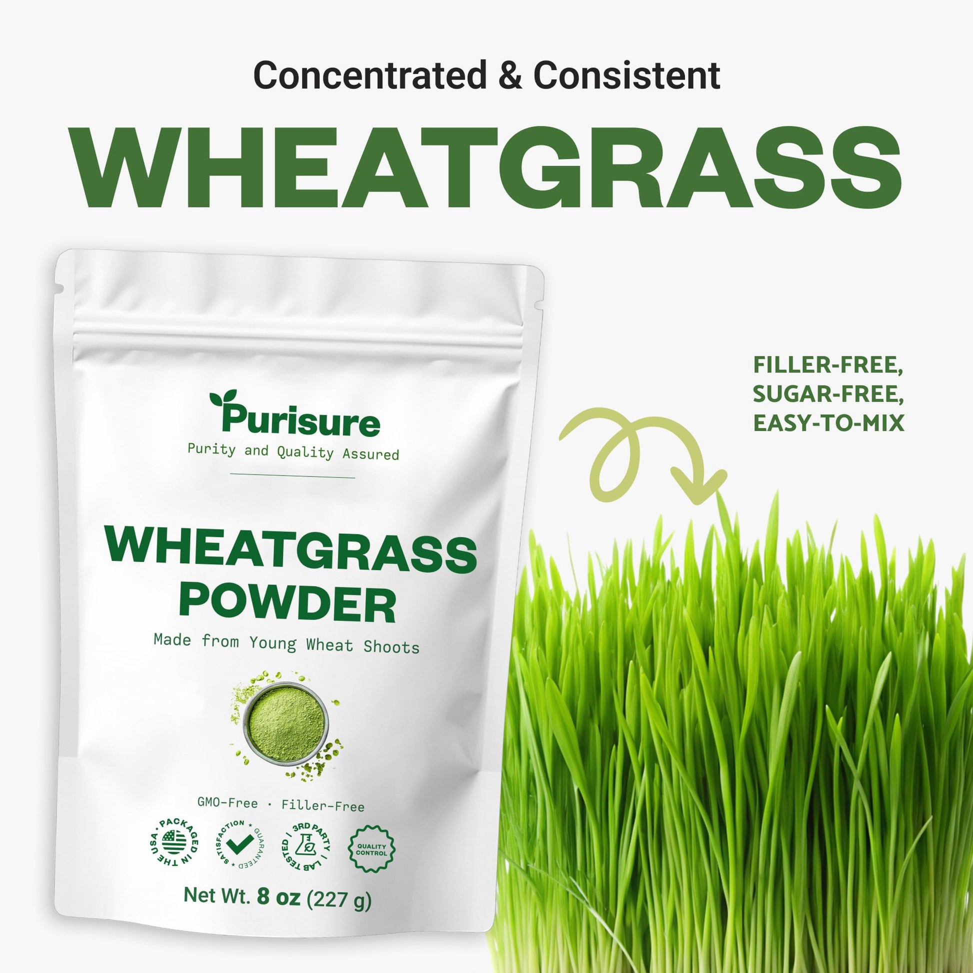 Purisure Wheatgrass Powder, 8oz, Wheat Grass Powder, Green Superfood for Salads, Smoothie and Shakes, Superfood Powder Rich in Immunity Vitamins, Fiber and Minerals, 76 Servings - dailyvitalstore