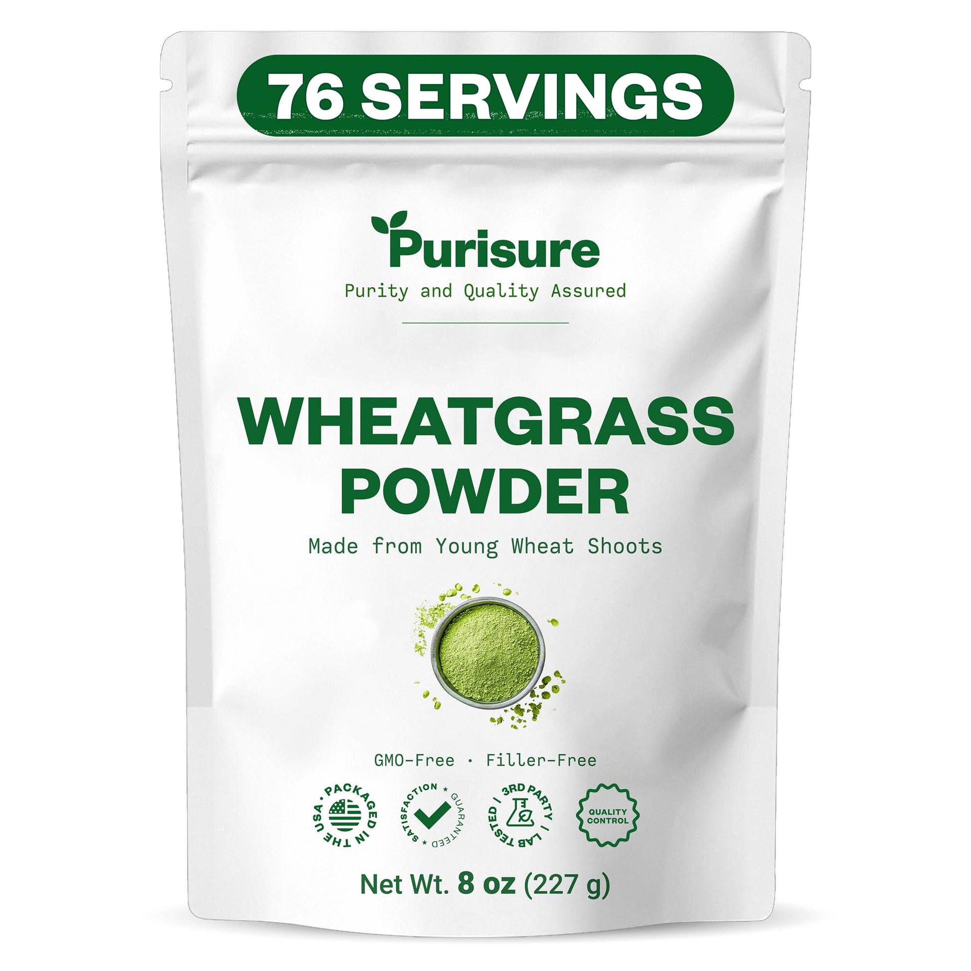 Purisure Wheatgrass Powder, 8oz, Wheat Grass Powder, Green Superfood for Salads, Smoothie and Shakes, Superfood Powder Rich in Immunity Vitamins, Fiber and Minerals, 76 Servings - dailyvitalstore