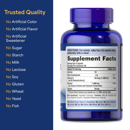 Puritan's Pride Absorbable Calcium 1500 mg Plus Vitamin D3 25mcg 1000 IU, Dietary Supplement for Bone Strength, Heart, Nerve, Muscle - dailyvitalstore