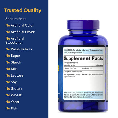Puritan's Pride L-Arinine 1000mg, Dietary Supplement Supports Nitric Oxide Levels and Heart and Circulatory Heath, 100 Day Supply, 100 Tablets - dailyvitalstore