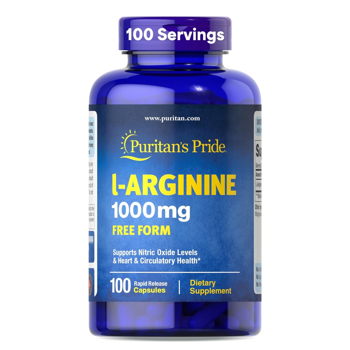 Puritan's Pride L-Arinine 1000mg, Dietary Supplement Supports Nitric Oxide Levels and Heart and Circulatory Heath, 100 Day Supply, 100 Tablets - dailyvitalstore