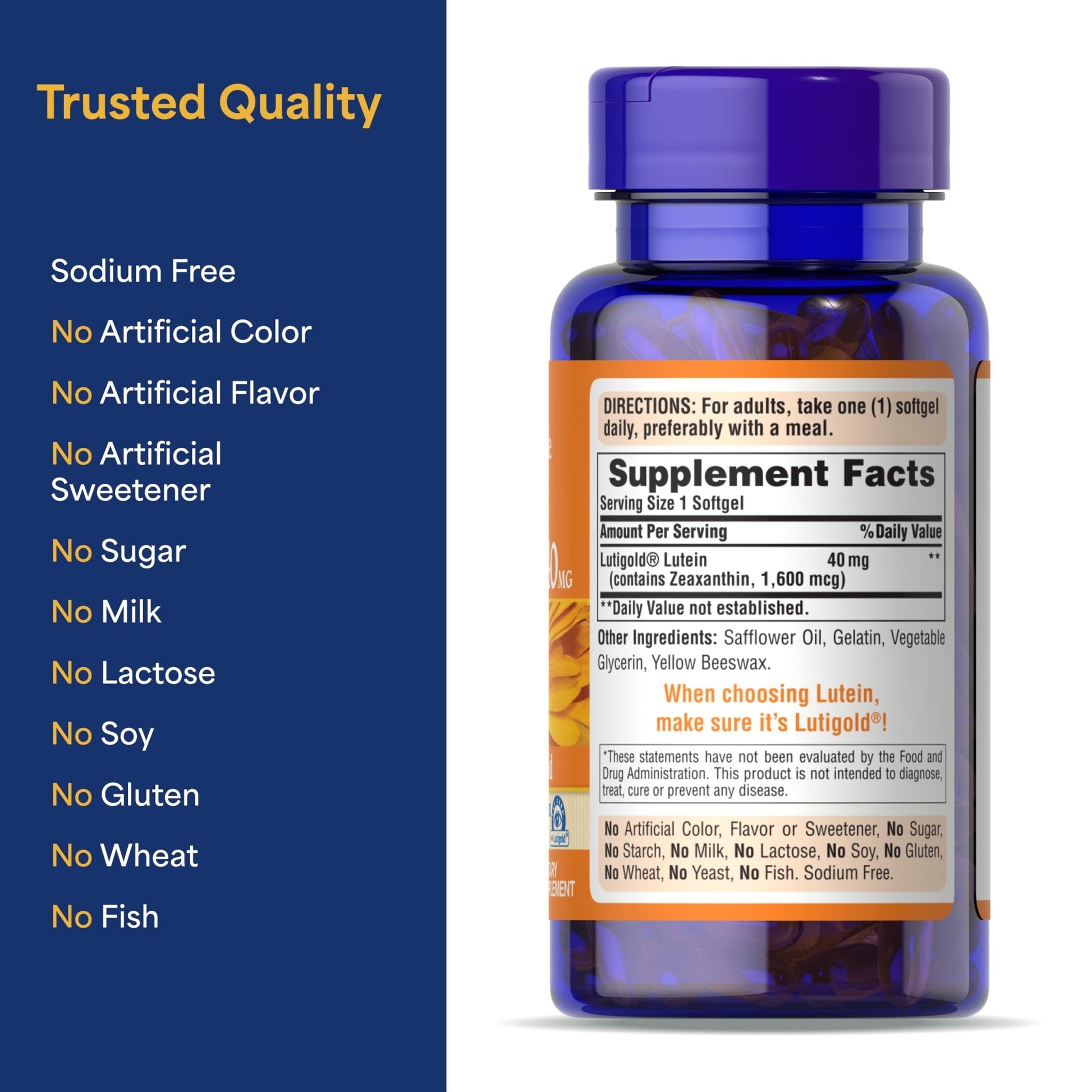 Puritan's Pride Premium Lutigold™ Lutein Carotenoid 40 mg with Zeaxanthin for Men and Women, Dietary Supplement for Eye Health Support, 2 Month Supply, 60 Easy-to-Swallow Softgels - dailyvitalstore