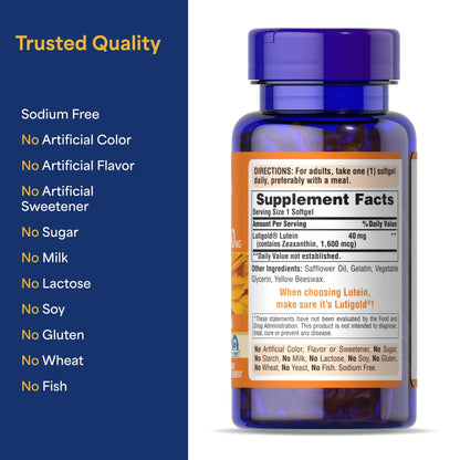 Puritan's Pride Premium Lutigold™ Lutein Carotenoid 40 mg with Zeaxanthin for Men and Women, Dietary Supplement for Eye Health Support, 2 Month Supply, 60 Easy-to-Swallow Softgels - dailyvitalstore
