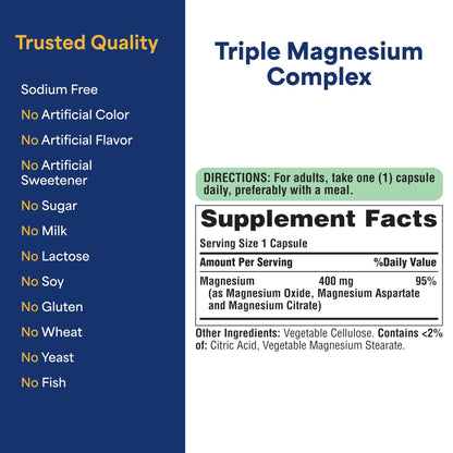 Puritan's Pride Triple Magnesium Complex with Magnesium Oxide, Aspartate, and Citrate 400mg, Dietary Supplement for Muscle, Heart, Nerve, and Bone Support, 120 Rapid Release Capsules - dailyvitalstore