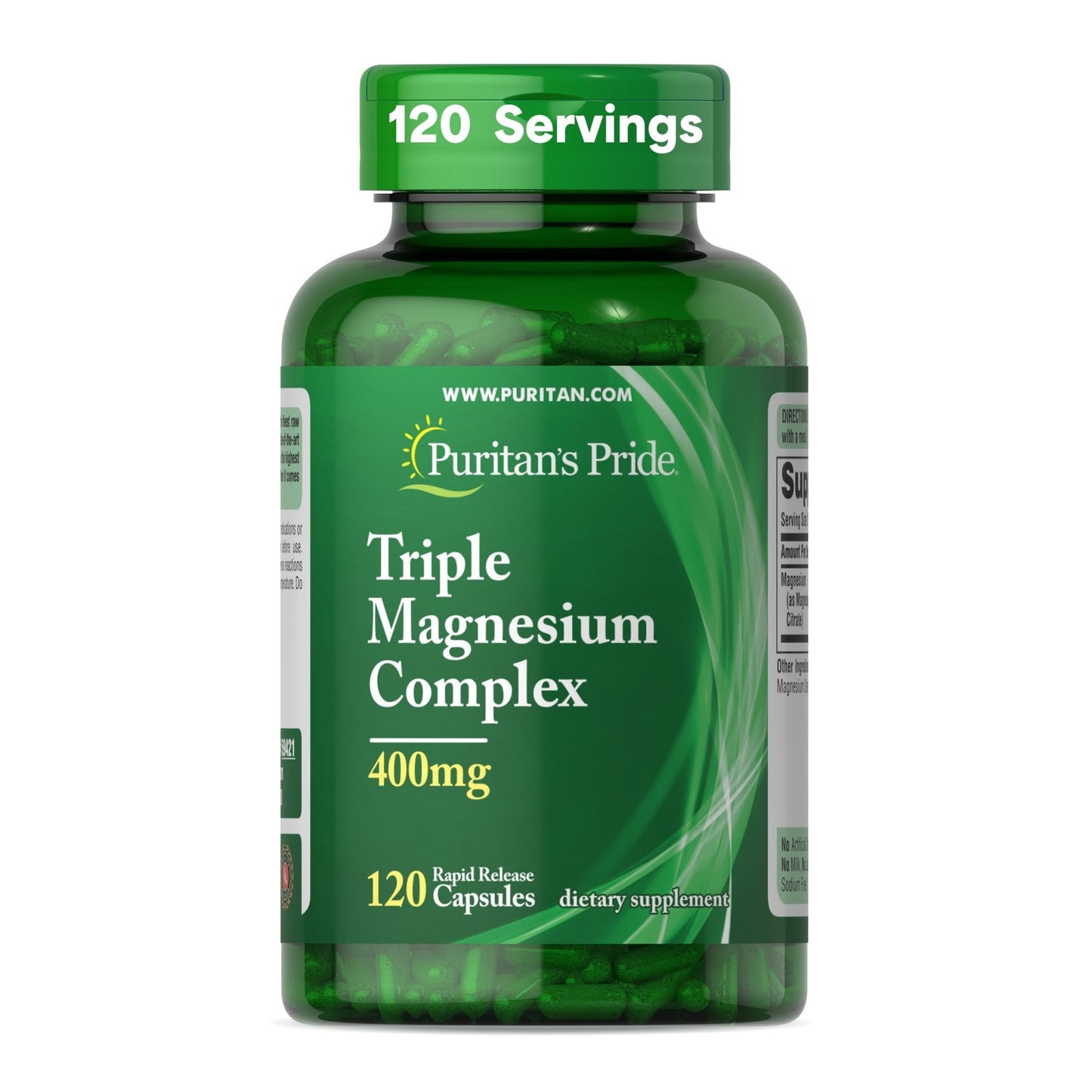 Puritan's Pride Triple Magnesium Complex with Magnesium Oxide, Aspartate, and Citrate 400mg, Dietary Supplement for Muscle, Heart, Nerve, and Bone Support, 120 Rapid Release Capsules - dailyvitalstore