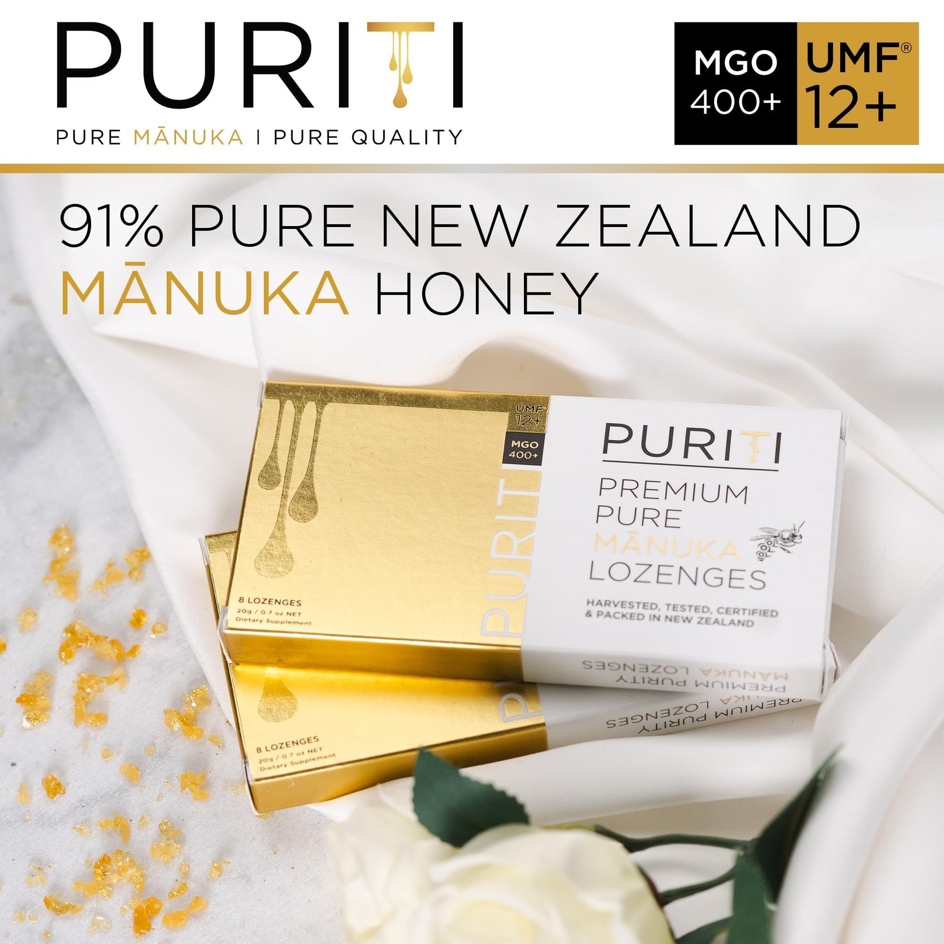 PURITI Premium Manuka Honey Lozenges High Potency - Sugar Free Drops | Genuine New Zealand Raw Manuka Honey Soothers for Coughs & Sore Throats | UMF Certified MGO 400+ UMF12+ (16 Pack) - dailyvitalstore